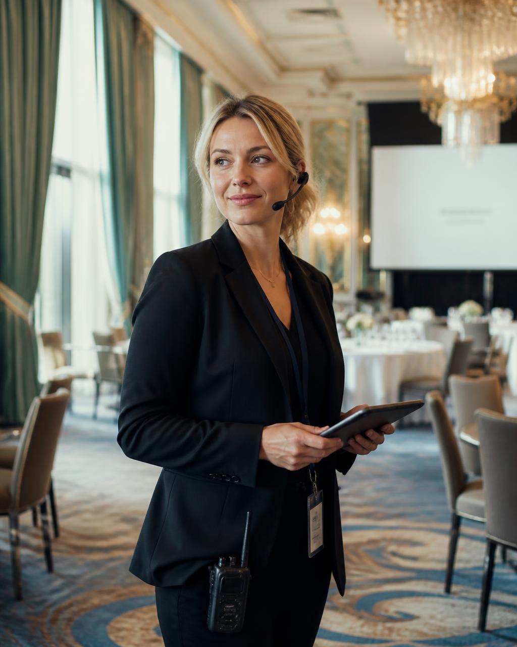 A meeting planner with a headset and tablet preparing a ballroom before an event